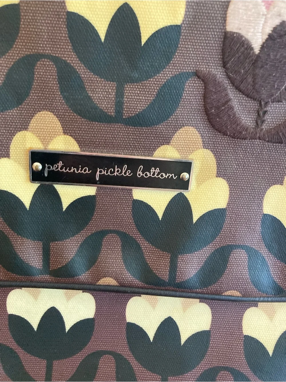 Petunia Pickle Bottom Brown Floral Messenger Diaper Bag with Yellow Tulip Motif
